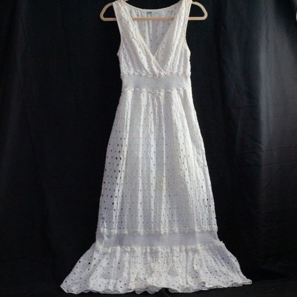 Anthropologie Embroidered Midi Dress White Sleeveless Deep V Neck Lace Mesh Sz 0